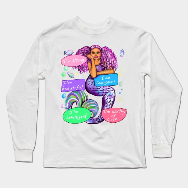 Positive Affirmations African American mermaid inspirational Long Sleeve T-Shirt by Artonmytee